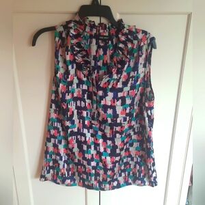Nine West ruffled multicolor top, L, Blue, purple, pink, green & white! Pull-on